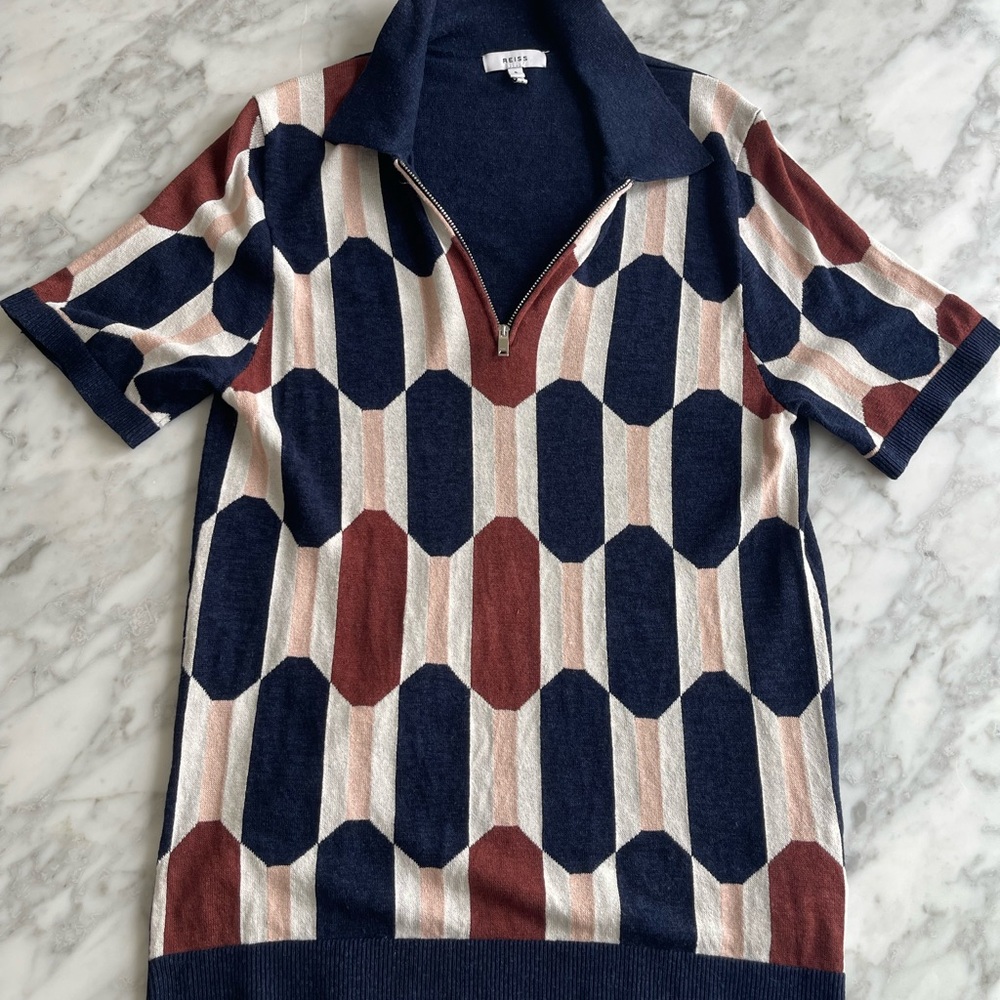 Reiss Men's Polo Shirt - Navy, Red, and White Geometric, Size Small